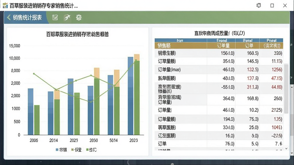 百草服装进销存专家销售统计报表截图,展示柱状图与数据表格,包含销售额、订单量等指标,界面色彩搭配专业,画质干净,无多余元素