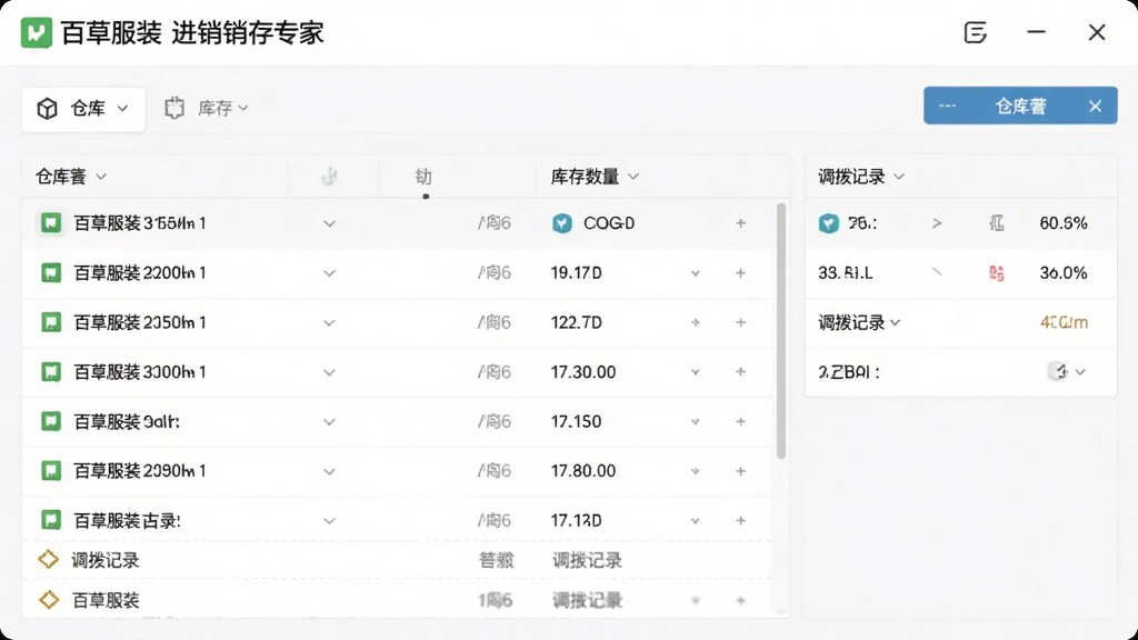 百草服装进销存专家多仓库管理界面截图,展示仓库列表、库存数量、调拨记录,界面简洁明了,画质干净,无多余元素