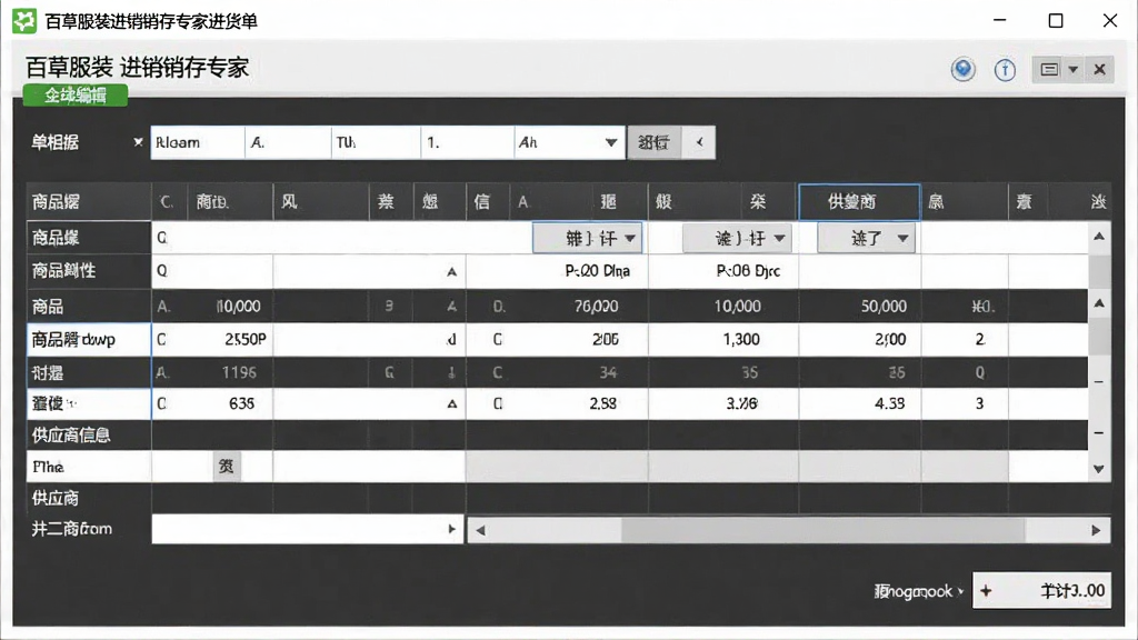 百草服装进销存专家进货单编辑页面截图,展示单据表格、商品明细行、供应商信息和底部合计金额,界面布局规整,商务风格,画质清晰,无多余元素