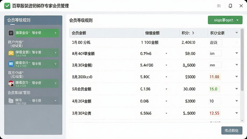 百草服装进销存专家会员管理界面截图,展示会员列表、储值金额、积分等信息,左侧为会员等级规则设置区域,界面风格清爽,画质干净,无多余元素