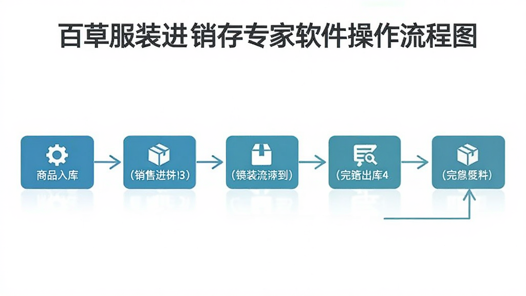 百草服装进销存专家软件操作流程图,展示从商品入库到销售出库的完整流程,步骤清晰,风格简洁,画质干净,无多余元素