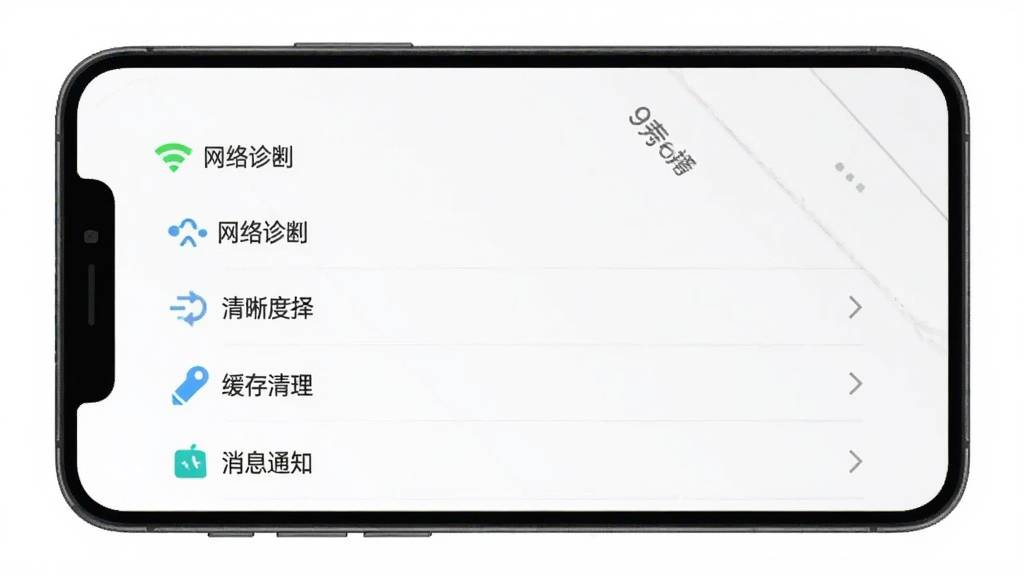 一张展示9秀直播APP设置界面的手机截图,包含网络诊断、清晰度选择、缓存清理、消息通知等选项,界面简洁,功能清晰,画质干净,无多余元素。