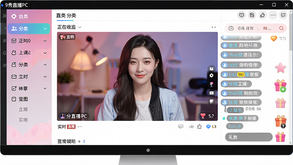 一张高清的电脑屏幕截图,显示9秀直播PC客户端的首页界面,布局清晰,左侧为分类导航栏,中间为正在直播的高清视频流,右侧为实时弹幕与礼物互动区域,整体风格时尚明亮,色彩丰富,画质清晰,无多余元素。