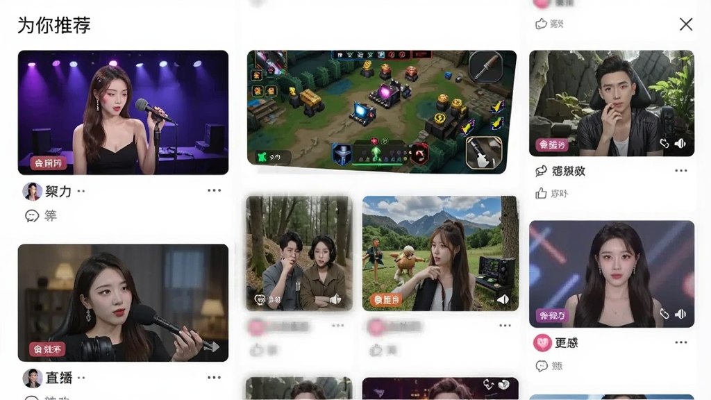一张9秀直播APP的推荐页面截图,以瀑布流形式展示多个直播间的封面图,左上角标有“为你推荐”字样,封面风格多样,有才艺、游戏、户外等标签,界面整洁,图片清晰,无多余元素。