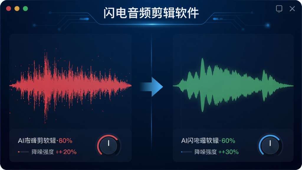 概念示意图,主体为“闪电音频剪辑软件”AI降噪前后对比界面,左侧显示有噪点波纹的红色波形,右侧显示平滑的绿色波形,中间有箭头指向,背景为深蓝科技感渐变,布局左右分栏,风格简约科技风,细节包含百分比降噪强度旋钮,画质干净无多余元素