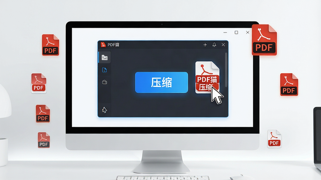 一张现代简约风格的电脑桌面,屏幕上显示PDF猫压缩软件的主界面,界面中央有一个醒目的“压缩”按钮,周围散落着几个大小不一的PDF文件图标,其中一个文件被鼠标拖拽到软件窗口中,文件图标上有“PDF猫压缩”字样,画面明亮清晰,科技感十足,干净无多余元素,画质高清