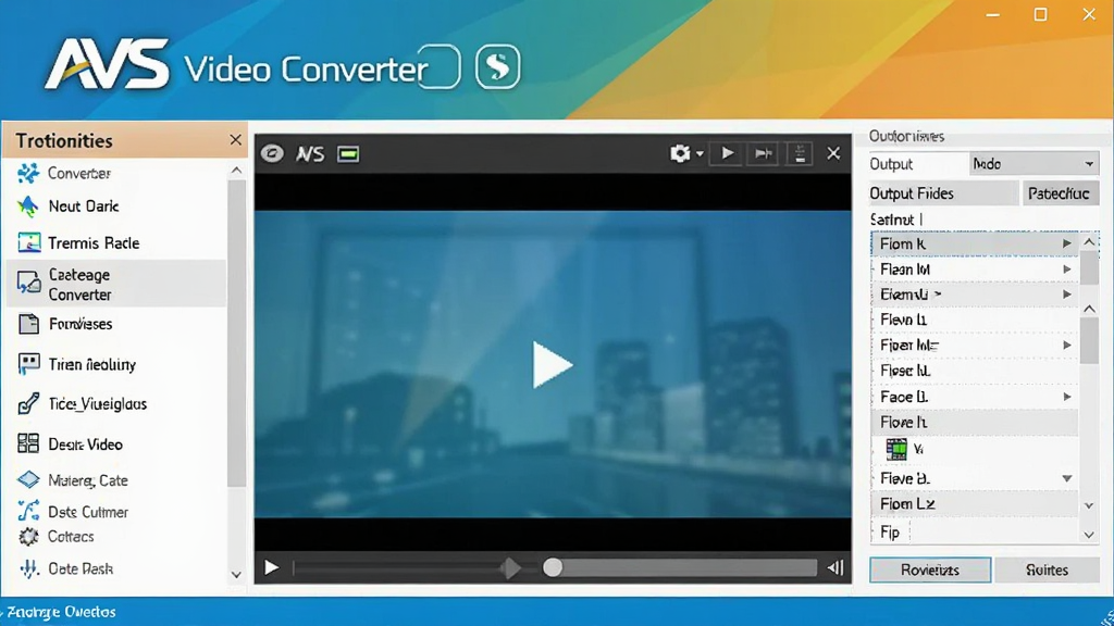 一张展示AVS Video Converter主界面的高清截图,界面布局清晰,左侧为功能列表,中间为视频预览窗口,右侧为输出格式选择面板,整体风格现代简约,色彩明快,突出软件名称“AVS Video Converter”的Logo标识,画质干净,无多余元素。