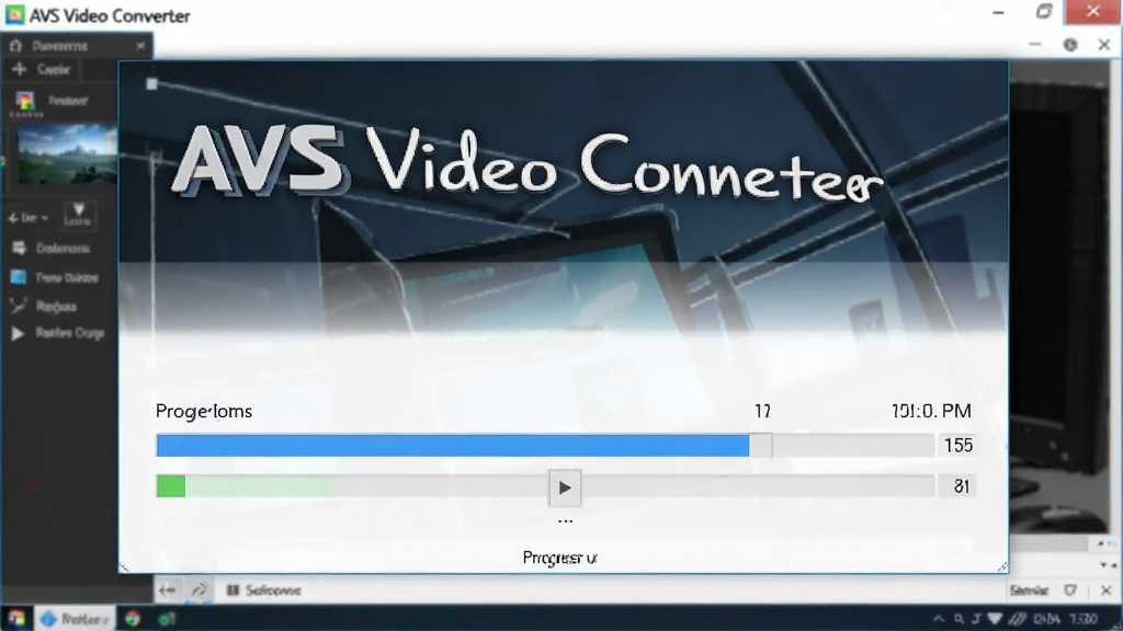 展示AVS Video Converter的转换过程界面,画面中显示进度条和剩余时间,背景为软件主界面,带有软件名称“AVS Video Converter”的标识,风格清晰,画质干净。