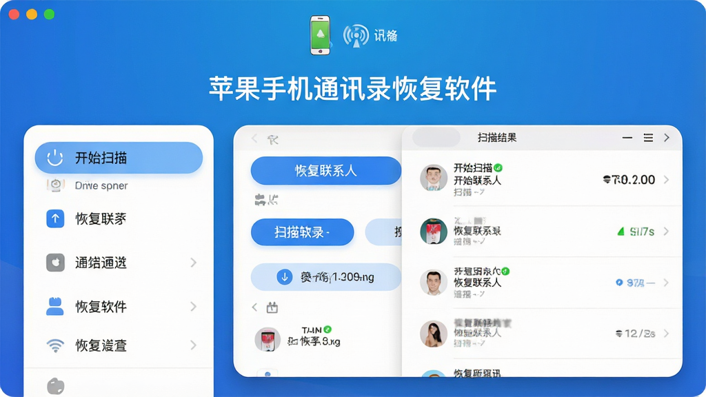 主体:苹果手机通讯录恢复软件主界面,左侧功能列表,右侧扫描结果列表,顶部为设备连接状态图标;布局:居中对称,功能分区清晰;排版:扁平化设计,卡片式模块,标题为“苹果手机通讯录恢复软件”字样;风格:科技蓝渐变背景,白色面板,圆角按钮;细节:界面展示“开始扫描”“恢复联系人”按钮,并显示已扫描数量;画质:高清渲染,干净无多余元素。