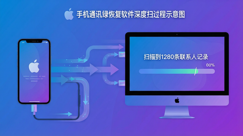 主体:苹果手机通讯录恢复软件深度扫描过程示意图,手机与电脑连接,数据流可视化;布局:左侧手机图标,右侧电脑屏幕显示扫描进度条;排版:流程式横向布局,箭头指示方向;风格:科技感插画,蓝紫渐变色调;细节:屏幕中显示“扫描到1280条联系人记录”,进度百分比清晰;画质:高分辨率,干净无多余元素。
