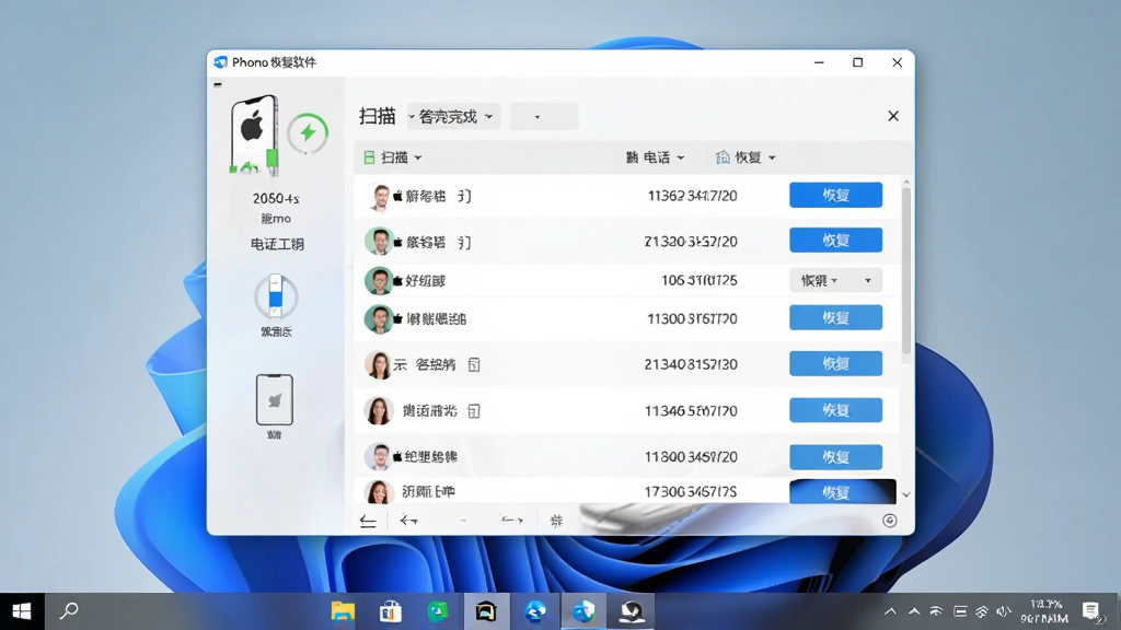 主体:苹果手机通讯录恢复软件在电脑上运行的截图,手机连接状态,扫描完成显示联系人列表;布局:全屏截图,任务栏清晰;排版:窗口化界面,顶部菜单栏,底部状态栏;风格:Windows 11风格,浅色主题;细节:联系人列表包含姓名、电话、恢复按钮;画质:高保真,干净无多余元素。