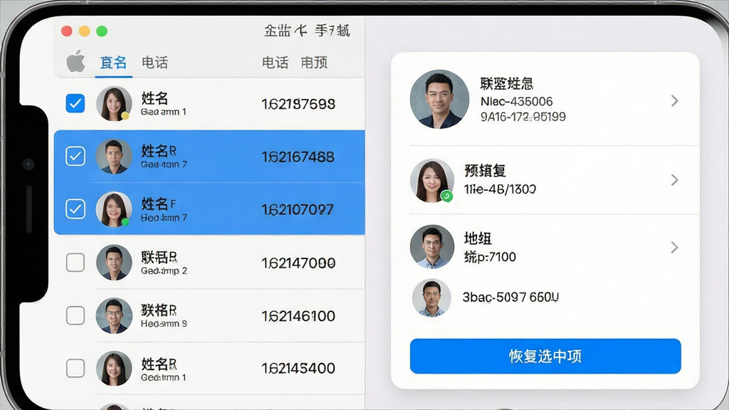 主体:苹果手机通讯录恢复软件预览界面,左侧勾选列表,右侧联系人详情卡片;布局:左右分栏,列表清晰;排版:表格样式,每行显示头像、姓名、电话号码;风格:简洁商务风,浅灰色背景,蓝色高亮选中项;细节:底部有“恢复选中项”按钮,预览卡片显示完整资料;画质:细腻清晰,干净无多余元素。