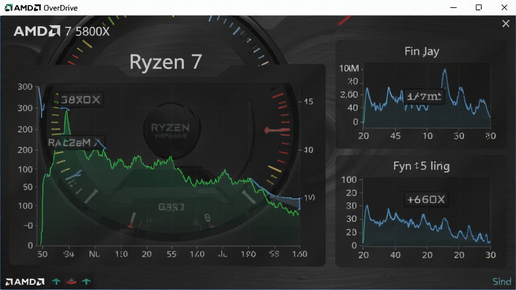 AMD OverDrive软件运行截图风格,界面展示CPU温度曲线图与风扇转速表,背景为深色金属质感,主体是仪表盘与波形图,布局左右分栏,风格为简洁数据可视化,细节标注“Ryzen 7 5800X”字样,画质高清干净,无多余元素