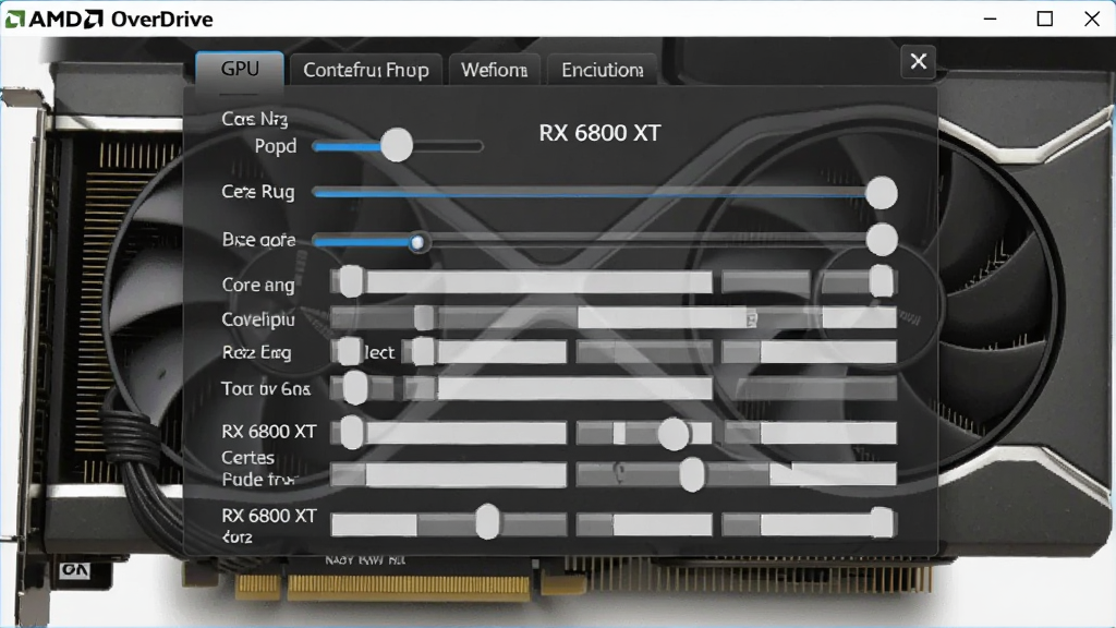 电脑端AMD OverDrive软件界面截图,显示“GPU”标签页,核心频率滑杆被拖动至高位,背景为显卡散热器特写,布局上界面居中,风格写实,细节有“RX 6800 XT”字样,画质干净清晰