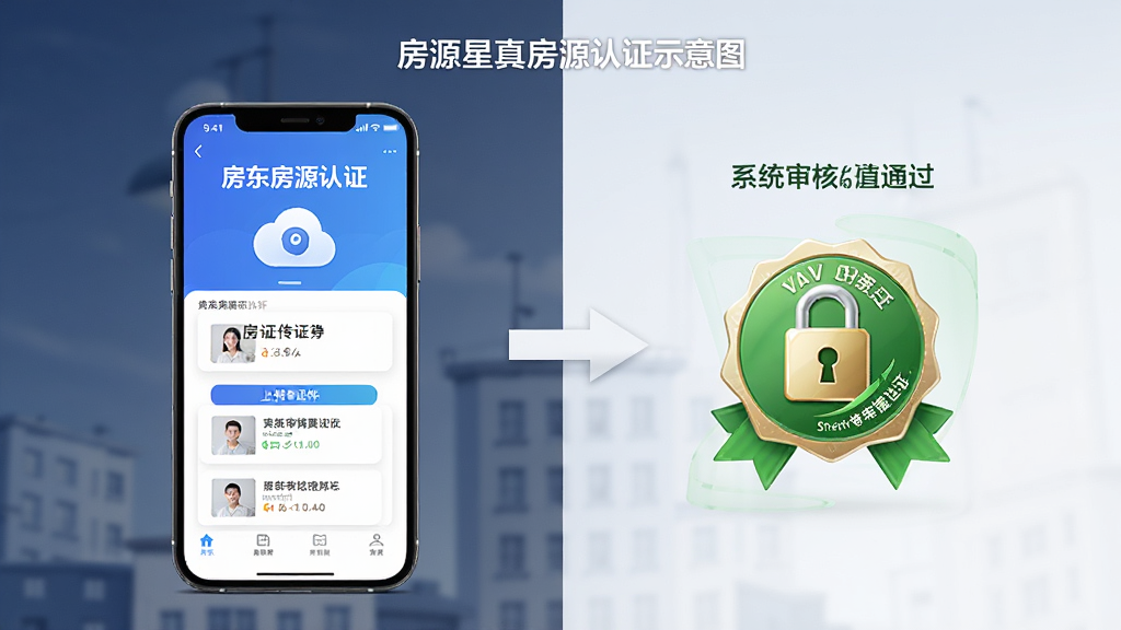 房源星真房源认证示意图,展示房东上传证件与系统审核通过流程,主体为手机界面与绿色认证徽章,布局左右对比,排版清晰,风格写实,细节突出安全锁图标,画质高清干净,无多余元素