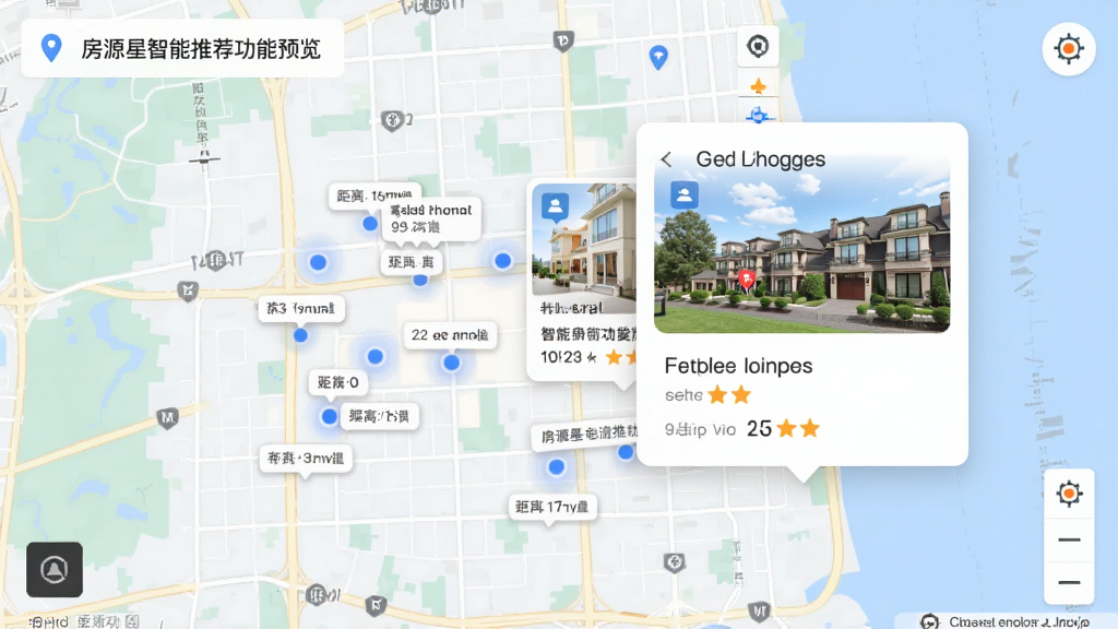 房源星智能推荐功能预览,展示手机地图上房源分布点与推荐卡片,主体为地图背景与房源弹窗,布局以地图为中心,排版兼顾信息密度,风格现代简约,细节包括距离标签与评分,画质高清干净,无多余元素