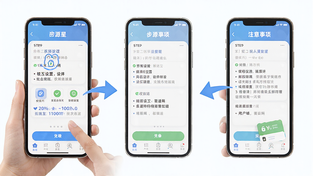 房源星使用教程插图,展示手机操作步骤与注意事项,主体为手机界面与箭头指示,布局步骤式,排版简洁,风格卡通写实,细节包括权限设置图标,画质高清干净,无多余元素