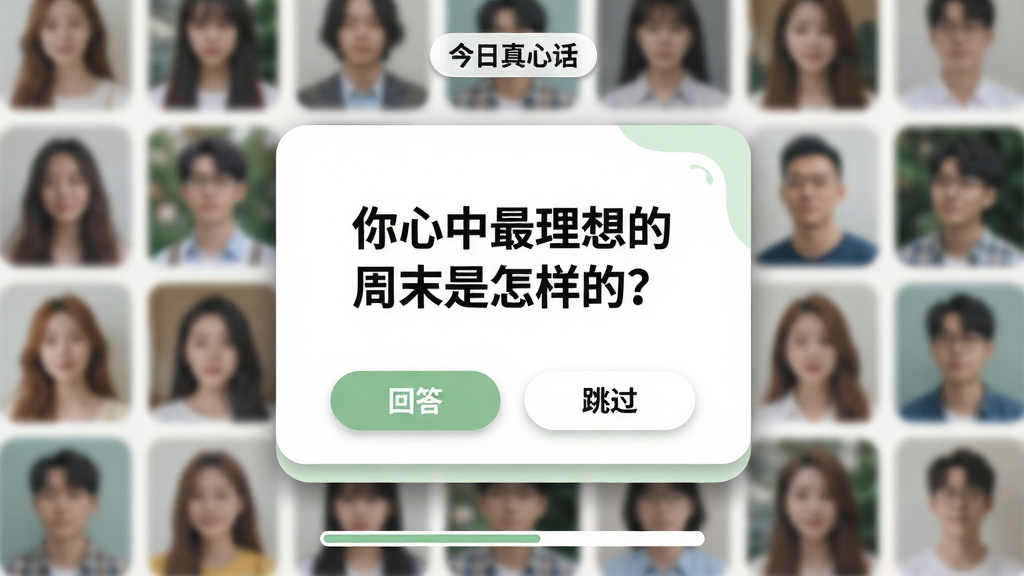 主体:寻知己应用真心话问答界面,屏幕中央显示一个问题卡片,内容为“你心中最理想的周末是怎样的?”,下方有两个按钮“回答”和“跳过”。布局:卡片居中,背景为模糊处理的用户头像墙,顶部显示“今日真心话”标签,底部为进度条。排版:问题文字居中加粗,按钮圆润,整体简洁。风格:清新文艺风,背景色调柔和,卡片白色圆角,带有淡绿色装饰。细节:卡片边缘有细微阴影,背景头像墙模糊处理,画质干净,无多余元素。