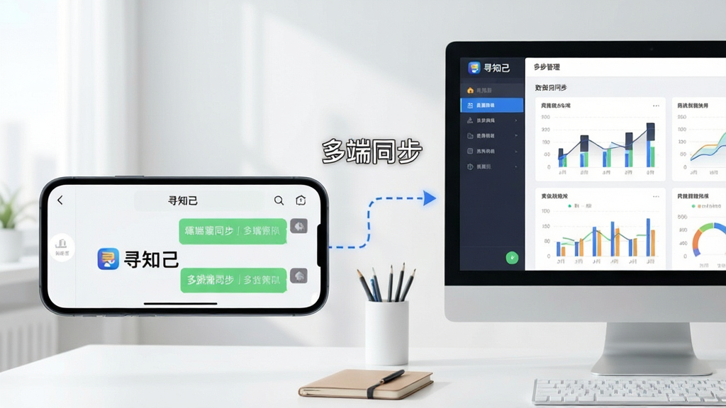 主体:寻知己应用在手机与电脑端同步使用的场景,手机横放显示聊天界面,电脑屏幕显示后台管理面板。布局:左侧为手机特写,右侧为电脑屏幕,两者之间用虚线连接表示同步,背景为简约办公桌。排版:主体突出,设备比例协调,文字覆盖在界面上,标注“多端同步”。风格:现代科技感,色彩明快,光线柔和。细节:手机屏幕上有“寻知己”Logo,电脑屏幕有数据图表,整体画面干净,无多余元素。