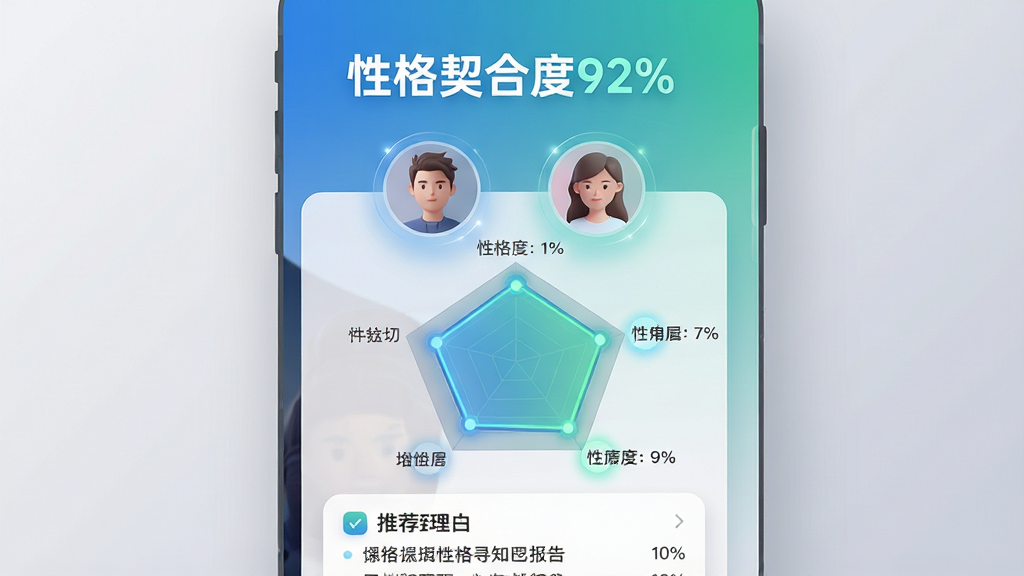 主体:寻知己应用内性格匹配报告页面,展示两个用户头像与雷达图对比,雷达图覆盖五种性格维度,高亮显示重合区域。布局:页面顶部为“性格契合度92%”大字标题,中部为并排的两个半透明头像,下方为五维雷达图,底部为推荐理由列表。排版:数据可视化为主,文字辅助说明,图表清晰直观,色彩以蓝绿渐变为主。风格:科技感与温暖感结合,界面简洁,使用圆角卡片与柔和阴影。细节:雷达图线条流畅,数据点有光晕,头像周围有微光光环,背景为浅灰色渐变,画质高清,干净无杂物。