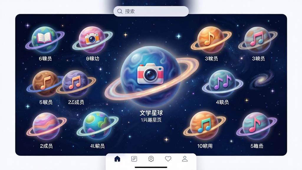 主体:寻知己应用的兴趣星球列表页,展示多个圆形星球图标,每个星球代表一个兴趣社群,星球表面绘制对应主题的图标,如书本、相机、音符。布局:星球以网格状排列,中央偏上一个较大的星球为“文学星球”,其他星球环绕分布,页面顶部有搜索栏,底部为导航栏。排版:图标为主,文字辅助,每个星球下方标注成员数量,整体布局活泼。风格:梦幻宇宙风格,背景为深蓝色星空,星球色彩鲜艳,带有发光环带。细节:星球表面有细腻的纹理,光晕柔和,背景有星星点缀,画质精致干净。