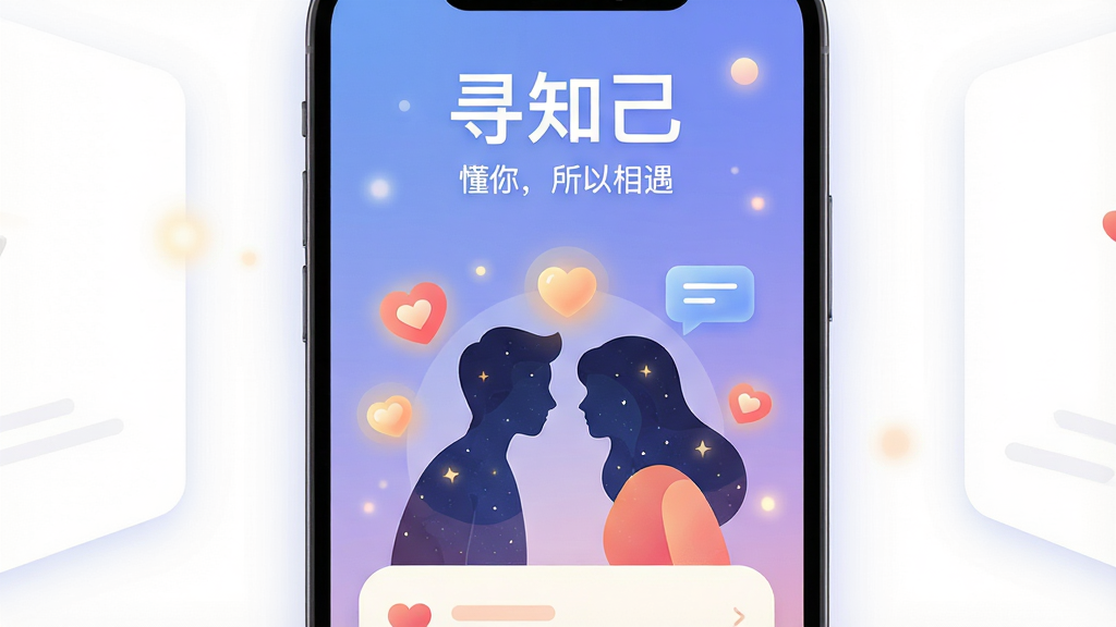 主体:手机屏幕展示寻知己应用主界面,中央显示两个抽象人形剪影正在靠近,周围环绕发光的心形与对话气泡,背景为柔和的渐变蓝紫色。布局:手机位于画面中央偏下,界面元素向上延伸,主标题“寻知己”位于屏幕上方,副标题“懂你,所以相遇”置于其下,整体采用居中对称构图,两侧留有适当留白。排版:界面卡片式排列,圆角矩形设计,信息层级分明,文字清晰可读。风格:现代扁平插画风格,色彩温暖明亮,搭配轻微拟物质感,整体氛围温馨、治愈。细节:人形剪影内部填充星空图案,心形图标带有微光晕效果,背景有漂浮的柔和光斑,画质细腻干净,无多余元素。