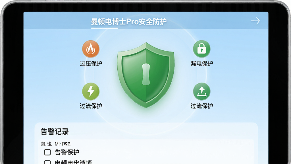 曼顿电博士Pro安全防护功能界面,屏幕中央显示一个大大的绿色盾牌图标,盾牌周围环绕着“过压保护”“漏电保护”“过流保护”等小图标,背景为淡蓝色渐变,下方有“告警记录”列表,整体风格简洁,突出安全主题,画质干净,无多余元素
