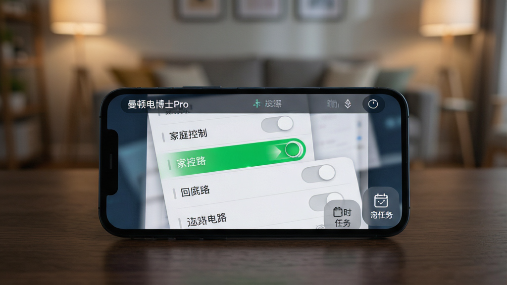 一张展示“曼顿电博士Pro”远程控制功能的界面截图,手机屏幕中显示一个家庭电路列表,每个回路旁有开关按钮,其中一个回路处于开启状态并高亮显示绿色,底部有“定时任务”入口图标。手机平放在深色木桌上,背景为模糊的客厅环境,灯光柔和,整体风格为科技感与生活化结合,排版清晰,画质干净,无多余元素