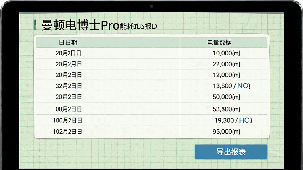 曼顿电博士Pro能耗报表界面,屏幕中显示一张月度用电统计表格,左侧为日期列表,右侧为电量数据,底部有“导出报表”按钮,背景为浅绿色网格纸风格,界面清爽,排版规整,画质高清,无多余元素