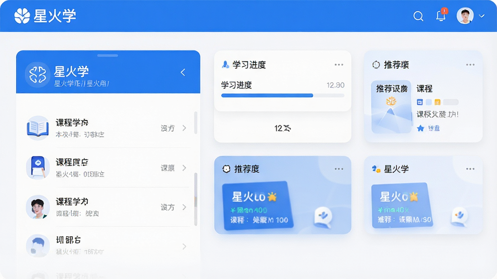 一张展示星火学应用主界面的高清截图,界面包含课程列表、学习进度条与推荐模块,整体采用蓝白配色,风格简约现代,布局清晰,画质细腻,干净无多余元素,突出“星火学”品牌标识。