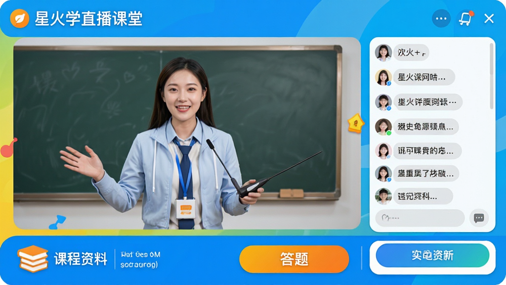 星火学直播课堂界面,屏幕中央为教师授课画面,右侧为聊天互动区,底部有课程资料与答题按钮,界面色彩明亮,风格活泼,画质清晰,干净无多余元素。