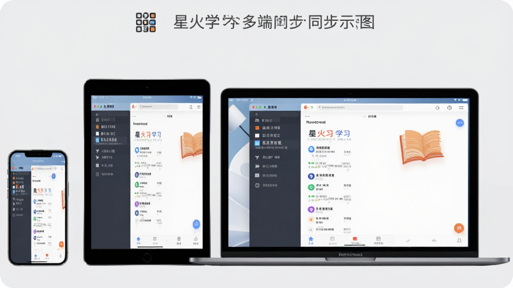 展示星火学多端同步示意图,画面包含手机、平板与笔记本电脑,屏幕均显示相同学习界面,背景为浅灰色,风格简约商务,画质高清,干净无多余元素。