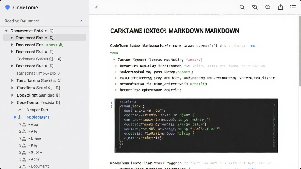 一张CodeTome应用阅读Markdown文档的界面截图,屏幕左边显示文档目录,右边是渲染后的富文本内容,包含标题、列表和代码块,排版整洁,背景为淡灰色,整体风格素雅,突出阅读的舒适感,画质清晰,无多余元素