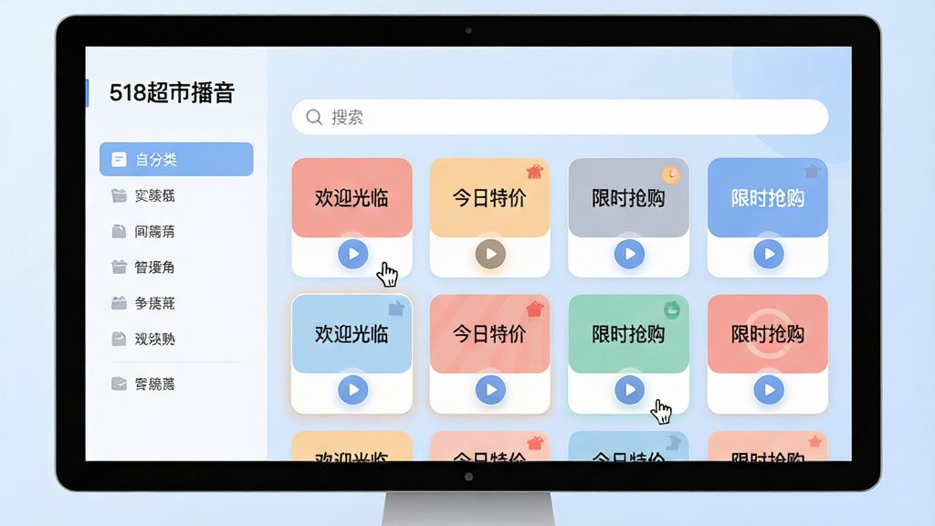 主体:电脑屏幕展示“518超市播音”模板选择界面,左侧分类列表,右侧模板卡片。布局:界面居中,上方搜索栏,下方网格状模板卡片,每张卡片配有文字名称和播放按钮图标。排版:卡片整齐排列,色彩柔和,背景为淡蓝色渐变。风格:扁平化UI设计,简洁现代,图标圆润。细节:模板名称包含“欢迎光临”“今日特价”“限时抢购”等,鼠标悬停高亮。画质:高清,干净无多余元素。