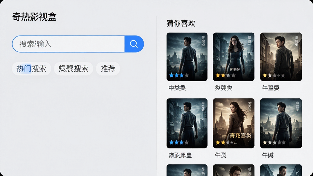 主体:奇热影视盒的搜索与推荐界面,屏幕左侧为搜索输入框,右侧为“猜你喜欢”推荐列表。布局:分栏式设计,左窄右宽,推荐列表为竖向排列的影片卡片。排版:清晰直观,搜索框下带有热门搜索词标签。风格:简约时尚,浅灰色背景,蓝色高亮元素。细节:推荐卡片上标注评分与类型,顶部有“奇热影视盒”字样。画质:高清UI渲染,干净无多余元素。