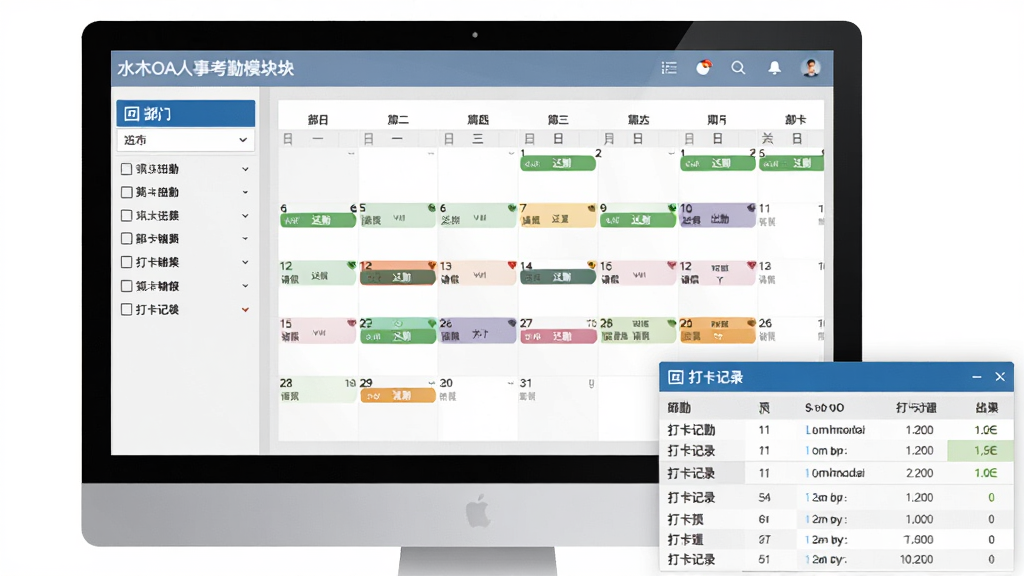 水木OA人事考勤模块界面预览图,主体为电脑屏幕显示的员工考勤统计日历,包含出勤、迟到、请假等彩色标记,左侧是部门筛选列表,右下角是打卡记录表格,整体风格简洁商务,配色以浅灰和蓝色为主,画质干净无多余元素。