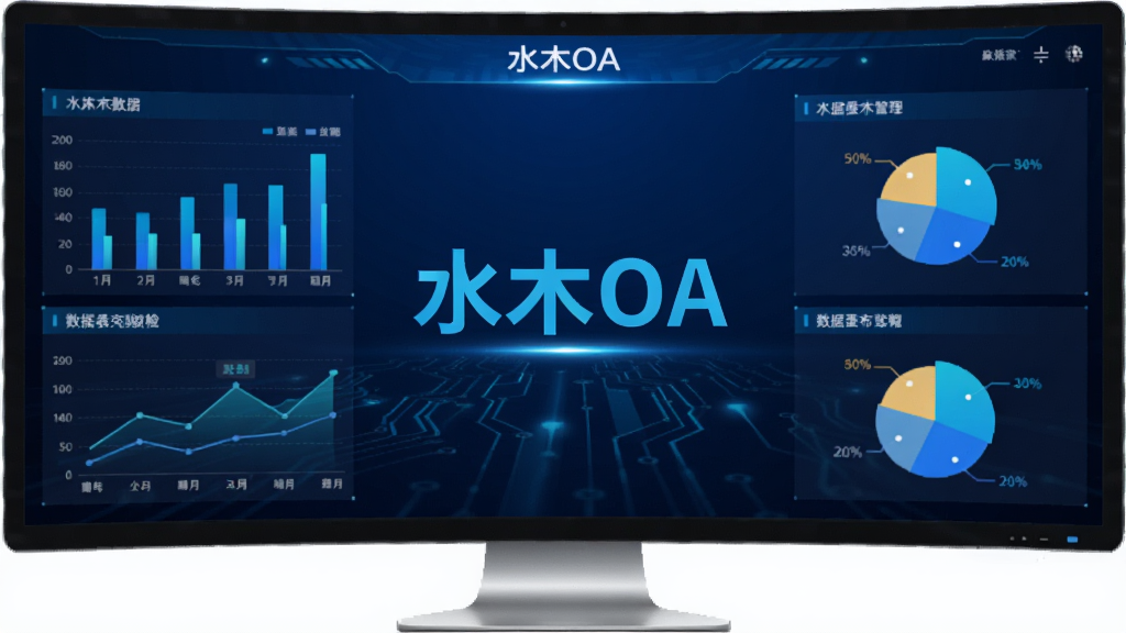 水木OA数据报表驾驶舱界面预览图,主体为宽屏显示器展示的多个图表组合,包括柱状图、折线图、饼图,中央有“水木OA”字样,整体色调深蓝与亮蓝搭配,科技感强,画质干净无多余元素。