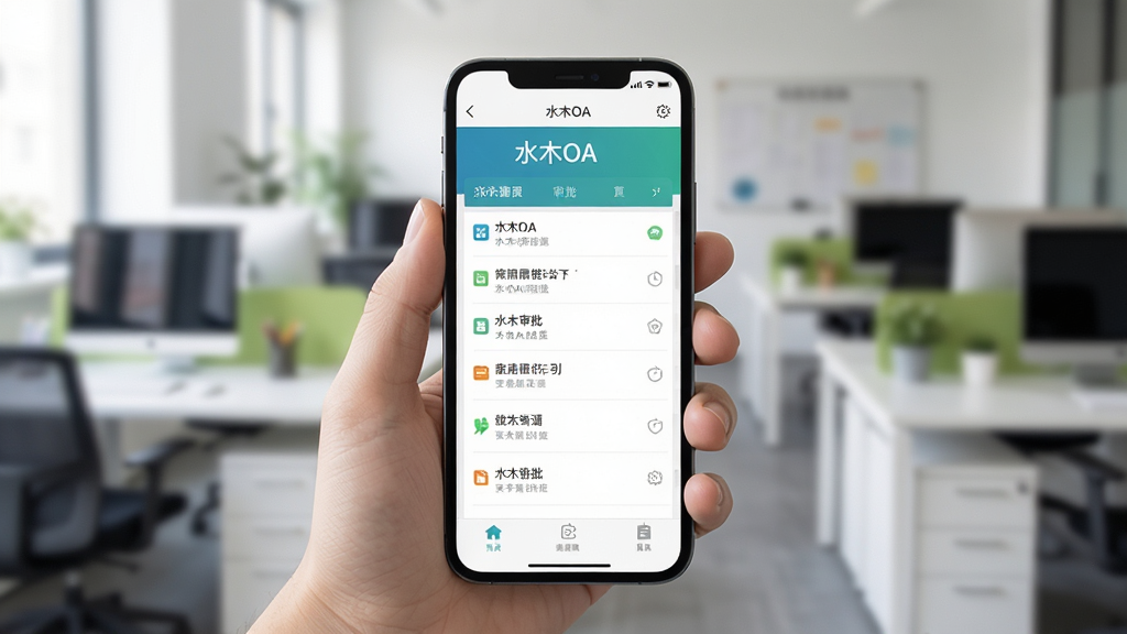 水木OA移动端App使用场景图,主体为一只手拿着智能手机,屏幕显示“水木OA”的审批列表界面,背景为模糊的办公环境,构图简洁,突出软件在移动端的便捷性,画质干净无多余元素。