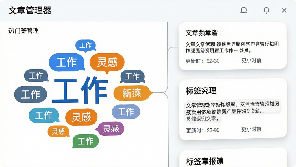 主体:文章管理器软件界面中的“标签管理”面板特写,彩色标签云与文章列表联动。布局:左侧为标签云区域,右侧为对应文章卡片列表,中间用细线分割。排版:标签字体大小根据使用频率变化,热门标签更醒目。风格:卡片式设计,圆角阴影,清新自然。细节:标签颜色各异,如“工作”为蓝色、“灵感”为橙色,一张卡片上显示标题、摘要和更新时间。画质:高清,细节丰富,无多余元素。