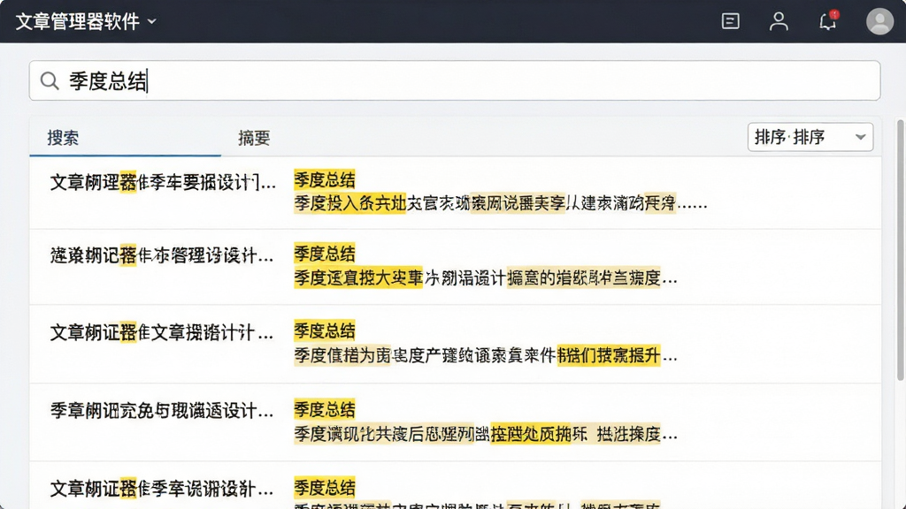 主体:文章管理器软件主界面中搜索框输入关键词后的结果页面。布局:顶部为搜索框,下方为分列的结果列表,每行显示标题、摘要和匹配片段。排版:匹配的关键词用黄色底色高亮,清晰醒目。风格:简洁明亮,信息层次分明。细节:搜索框内有文字“季度总结”,结果列表包含多篇文档,右侧有排序下拉菜单。画质:锐利清晰,无多余元素。