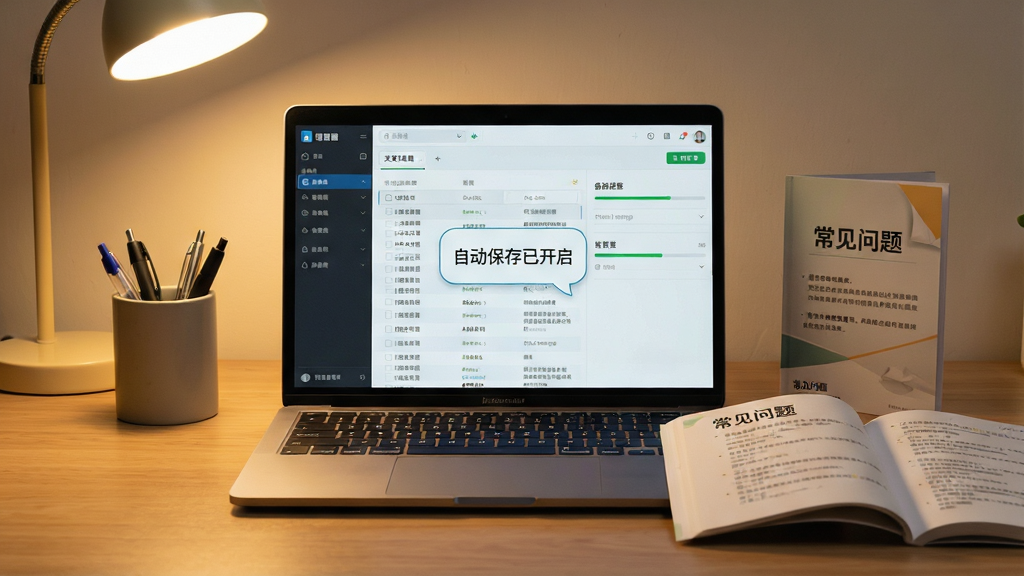 主体:一台笔记本电脑显示文章管理器软件运行界面,旁边放着一本操作指南手册。布局:电脑位于桌面中央,手册翻开在右侧,左侧有笔筒和台灯。排版:界面显示“自动保存已开启”的提示气泡。风格:写实摄影风格,暖色调,光线柔和。细节:屏幕上显示文档列表和备份进度条,手册页面上有“常见问题”字样。画质:高清,无多余元素。