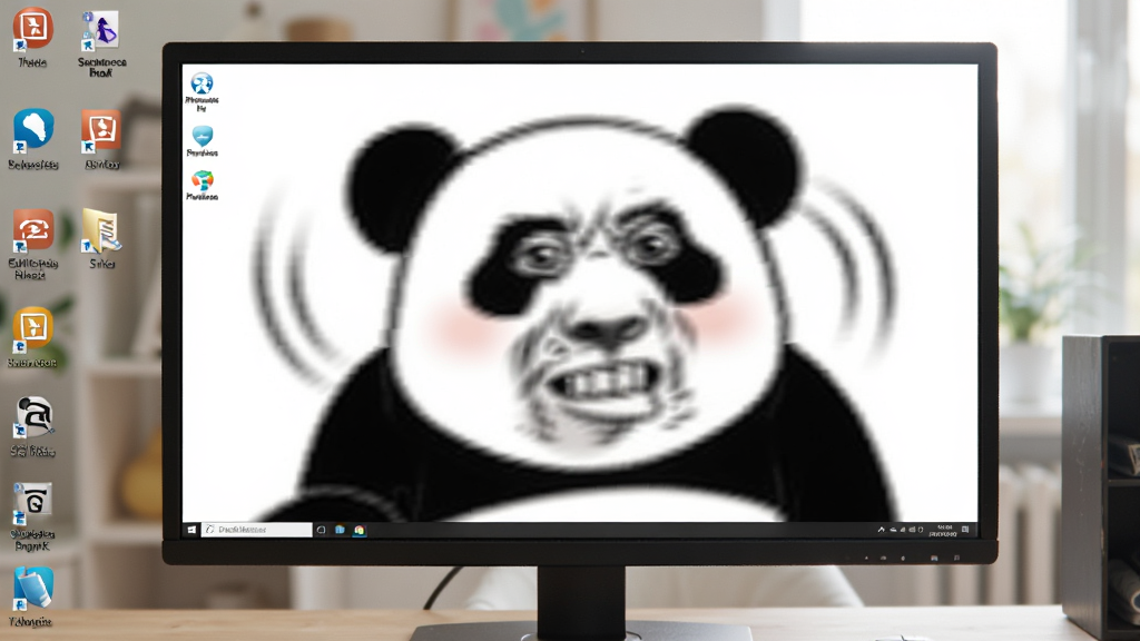 一张展示图桌面动态壁纸效果的场景图,画面中央是一个电脑显示器,屏幕上显示着动态的熊猫头表情包壁纸,表情正在夸张地晃动,桌面其他图标清晰可见,室内环境明亮,整体风格轻松幽默,画质细腻,干净无多余元素。