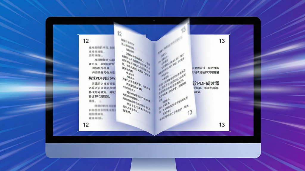 主体为“易读PDF阅读器”的极速翻页场景特写,电脑屏幕显示连续翻动的PDF页面残影,背景为动态速度线条。布局上屏幕居中占满画面,左右两侧有轻微模糊的速度光效。排版突出页面文字清晰锐利,与背景速度线形成对比。风格为科技感数码插画,蓝紫渐变主色调。细节包括页面边角的页码数字“12”和“13”清晰可见,画质细腻干净,无多余元素。