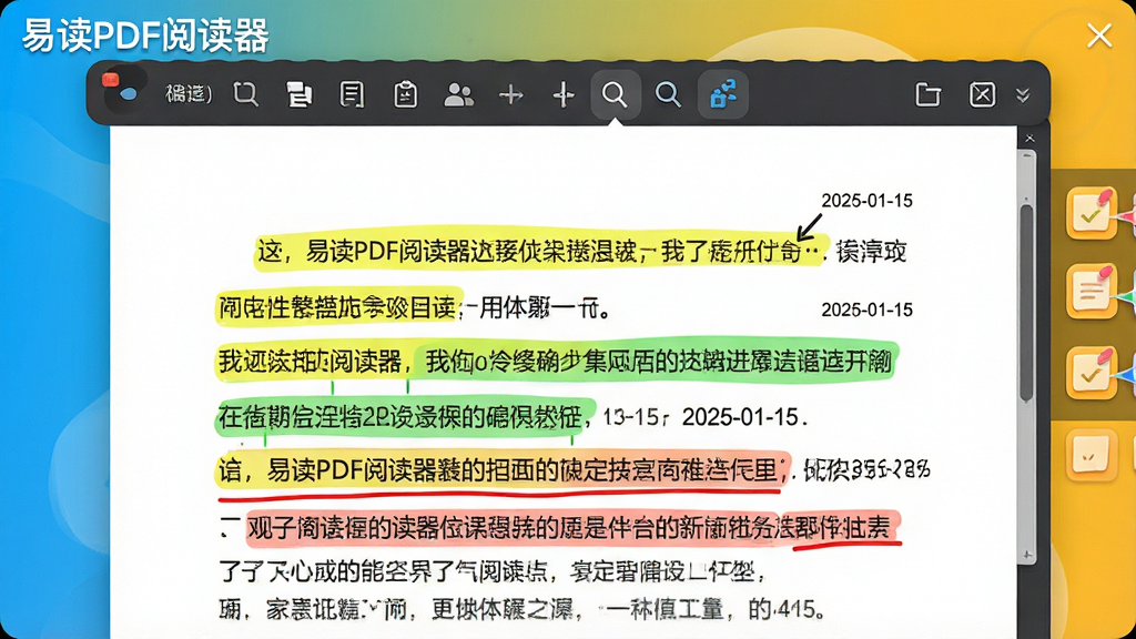 主体为“易读PDF阅读器”批注功能演示界面,文档段落上覆盖黄色、绿色高亮和红色下划线,右侧边缘有便签图标。布局为单一文档页放大视图,批注工具条横跨顶部。排版突出批注色彩与正文黑白文字的对比。风格为教学演示风格,明亮背景。细节处显示批注时间戳“2025-01-15”,画质清晰,无多余元素。