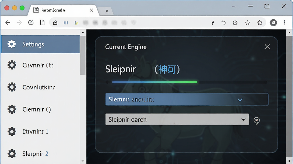 Sleipnir(神马)浏览器双引擎切换功能示意图,主体为浏览器设置面板,显示内核选择选项,布局简洁,左右分栏设计,左侧为功能列表,右侧展示当前引擎状态,风格科技感十足,细节包含齿轮图标与下拉菜单,画质清晰,干净无多余元素
