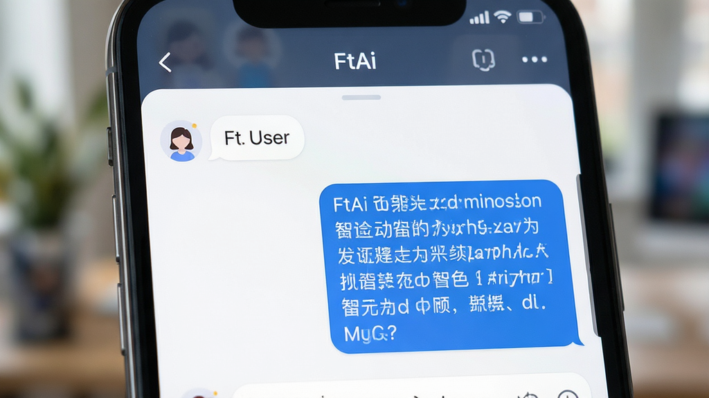 展示FtAi智能对话功能的界面特写,主体为手机屏幕上的对话框,左侧是用户提问的气泡,右侧是AI用蓝色高亮显示的详细解答,背景虚化处理,突出对话的清晰与智能,整体布局简洁明了,界面风格清新,画质干净,屏幕上方显示“FtAi”应用名称
