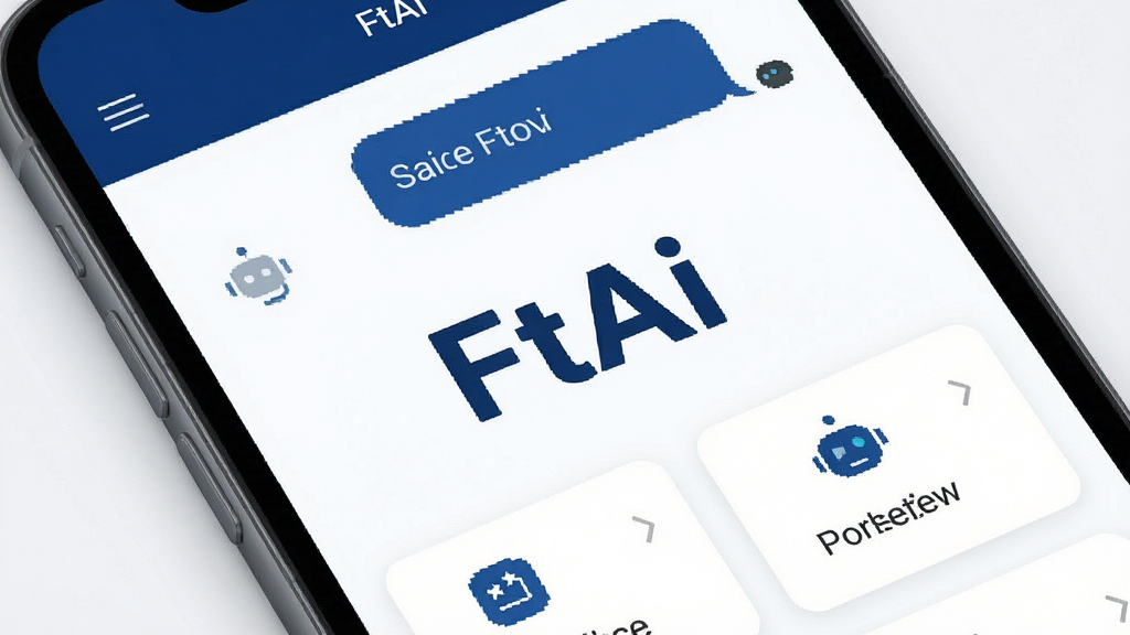 一张展示FtAi软件核心界面的高清渲染图,主体是智能手机屏幕内呈现的智能对话与功能模块布局,整体采用现代简约的扁平化设计风格,以深邃蓝色与纯净白色为主色调,界面元素排列规整,突出人工智能助手的科技感与专业感,画质细腻干净,无多余元素,屏幕中央显示“FtAi”字样
