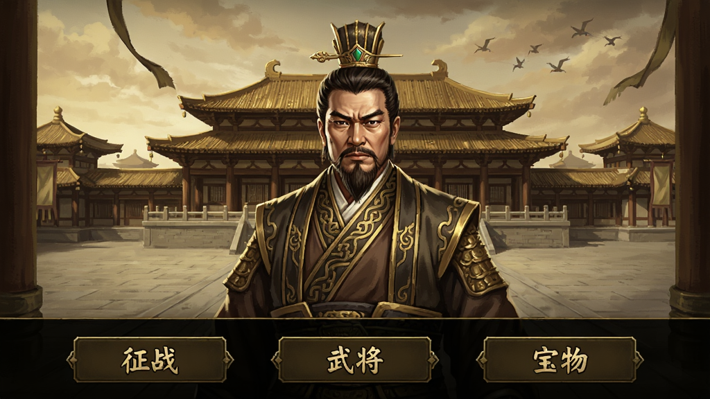 曹操传游戏主界面截图,画面中央是曹操的立绘,背景是宏伟的洛阳宫殿,界面下方有“征战”、“武将”、“宝物”等按钮,整体风格古朴大气,色彩以暗金色为主,画质高清,干净无多余元素