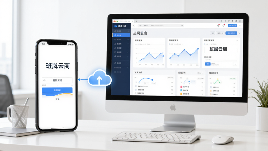 手机和电脑并排放置的示意图,手机屏幕显示“班岚云商”的登录页面,电脑屏幕显示同一软件的网页版数据看板,两者通过云同步图标连接,背景为简洁的办公桌面,整体色调明亮清晰,画质干净,无多余元素