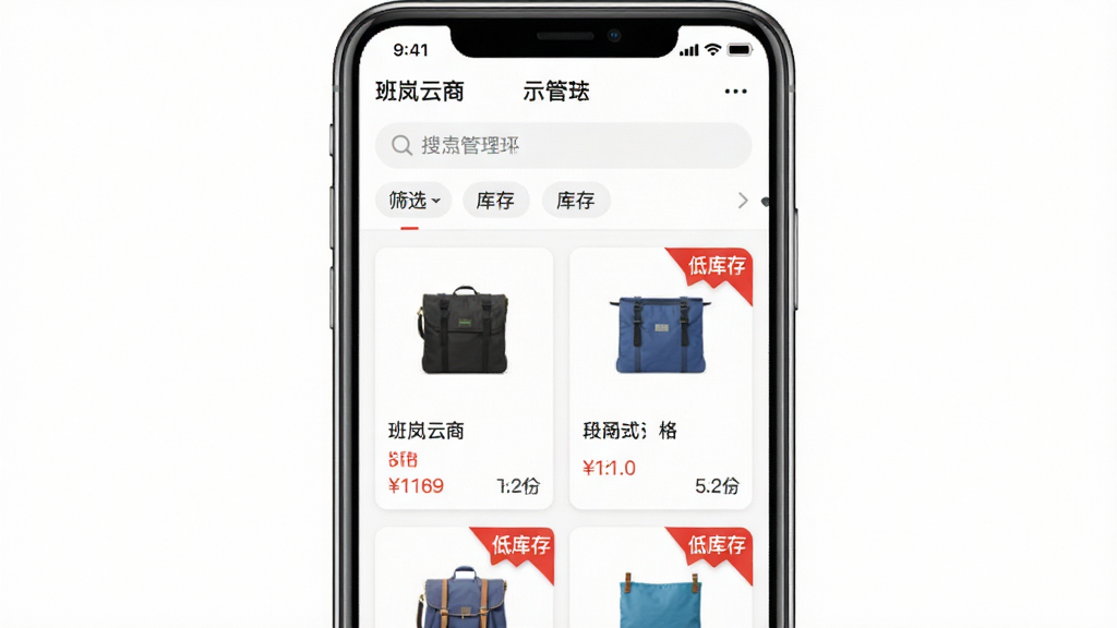 手机界面截图风格示意图,屏幕显示“班岚云商”商品管理模块,上方是搜索栏和筛选标签,下方是整齐排列的商品卡片,每张卡片展示商品图片、名称、价格和库存数字,右上角有红色的“低库存”角标,界面信息层级分明,背景为白色,画质清晰,无多余元素